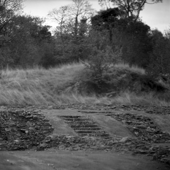 A small set of stone steps in a grassy field